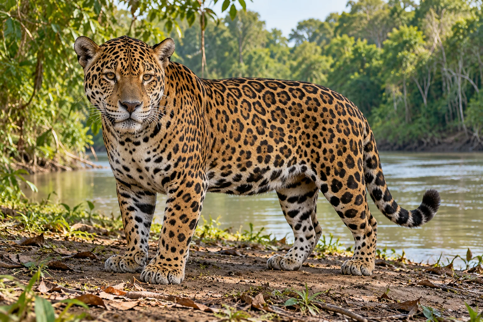 Fotorealistisch KI-generierter Jaguar mit kräftigem Körperbau und großfleckigen Rosetten auf einem Flussufer im Pantanal.