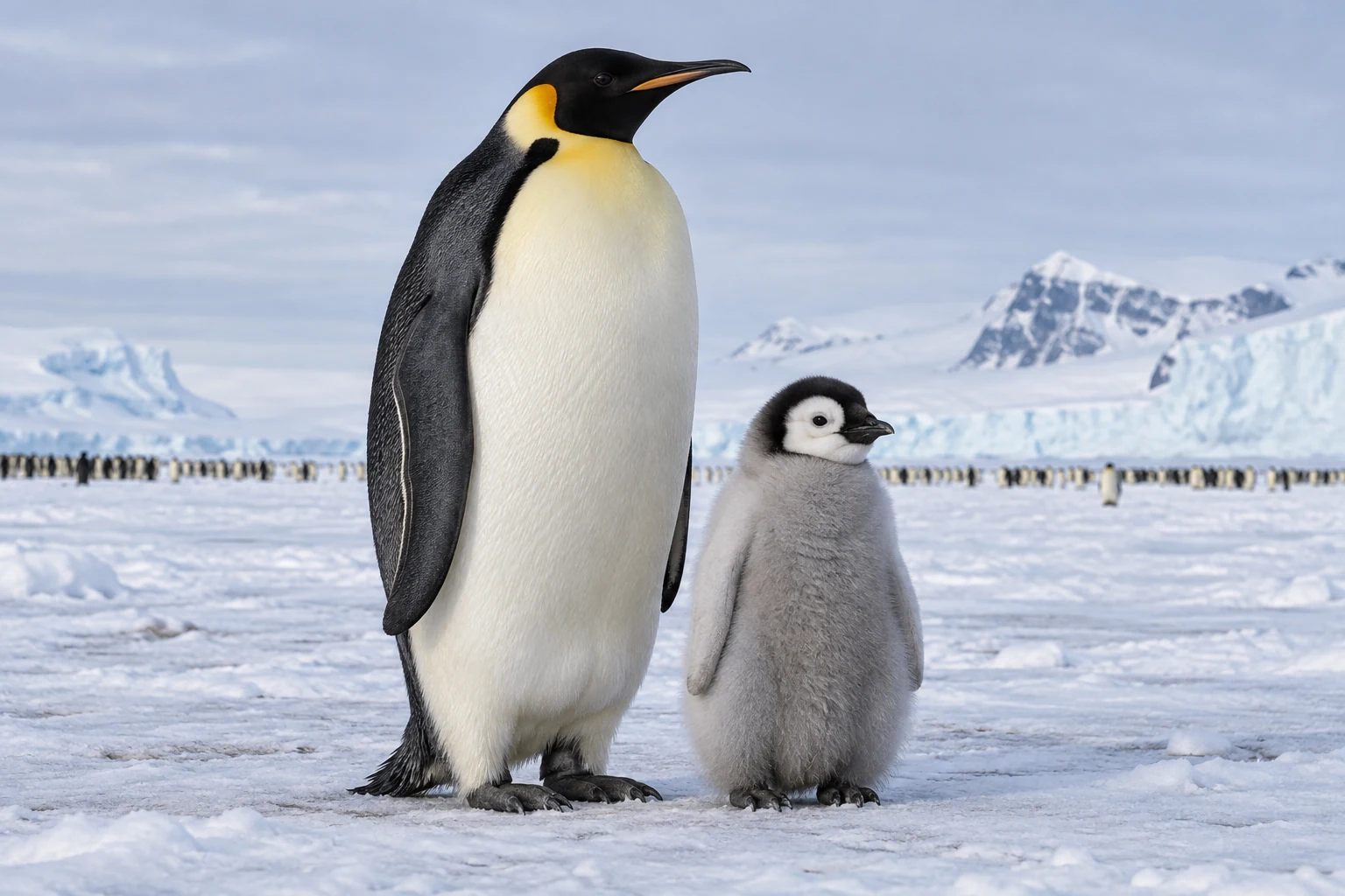 Fotorealistisch generierter Kaiserpinguin mit gelben Halsflecken neben einem grauen Jungtier auf antarktischem Meereis.