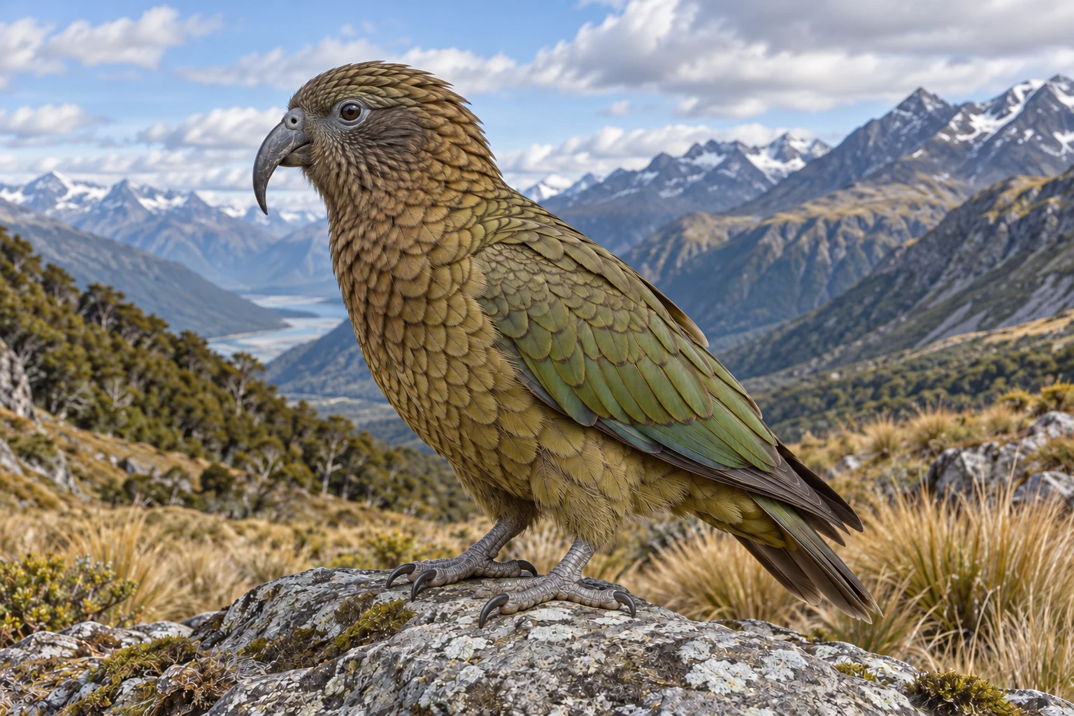 Olivgrüner Kea mit dunklen Federrändern und schlank gebogenem Schnabel auf einem Felsen; die Flügel sind geschlossen.