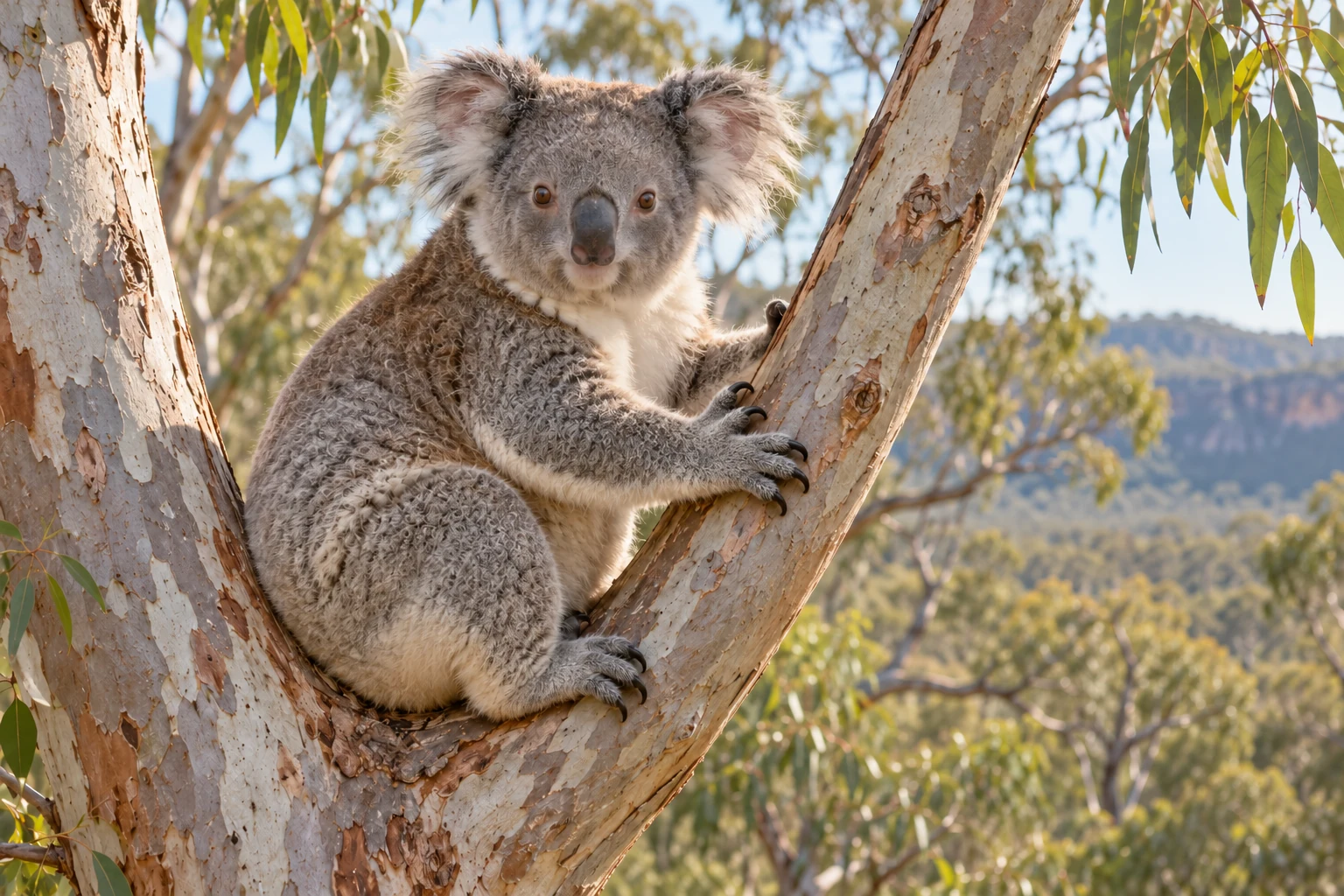 Fotorealistisch KI-generierter Koala mit grauem Fell, heller Brust und großen behaarten Ohren auf einer Astgabel in einem Eukalyptuswald.