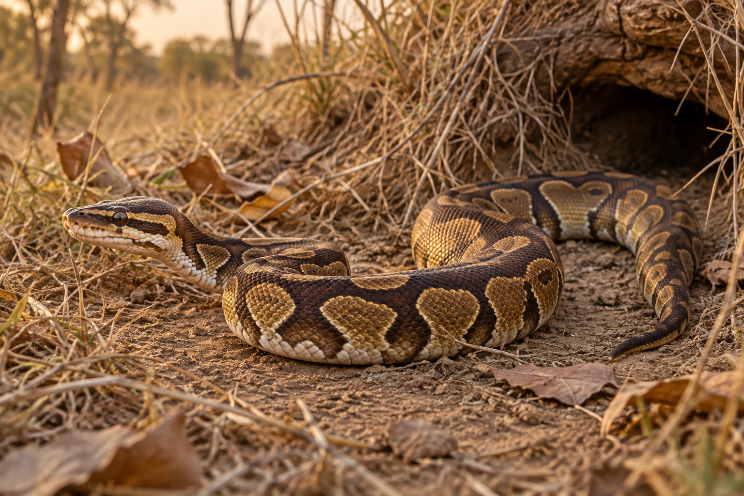 KI-Darstellung eines Königspythons mit dunkelbrauner Grundfarbe, goldbraunen Seitenflecken und schmalem Hals in einer lockeren Körperkurve auf dem Savannenboden.