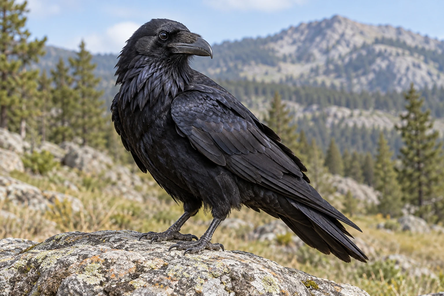Fotorealistisch KI-generierter Kolkrabe mit kräftigem schwarzem Schnabel und zottigen Kehlfedern auf einem Felsblock.