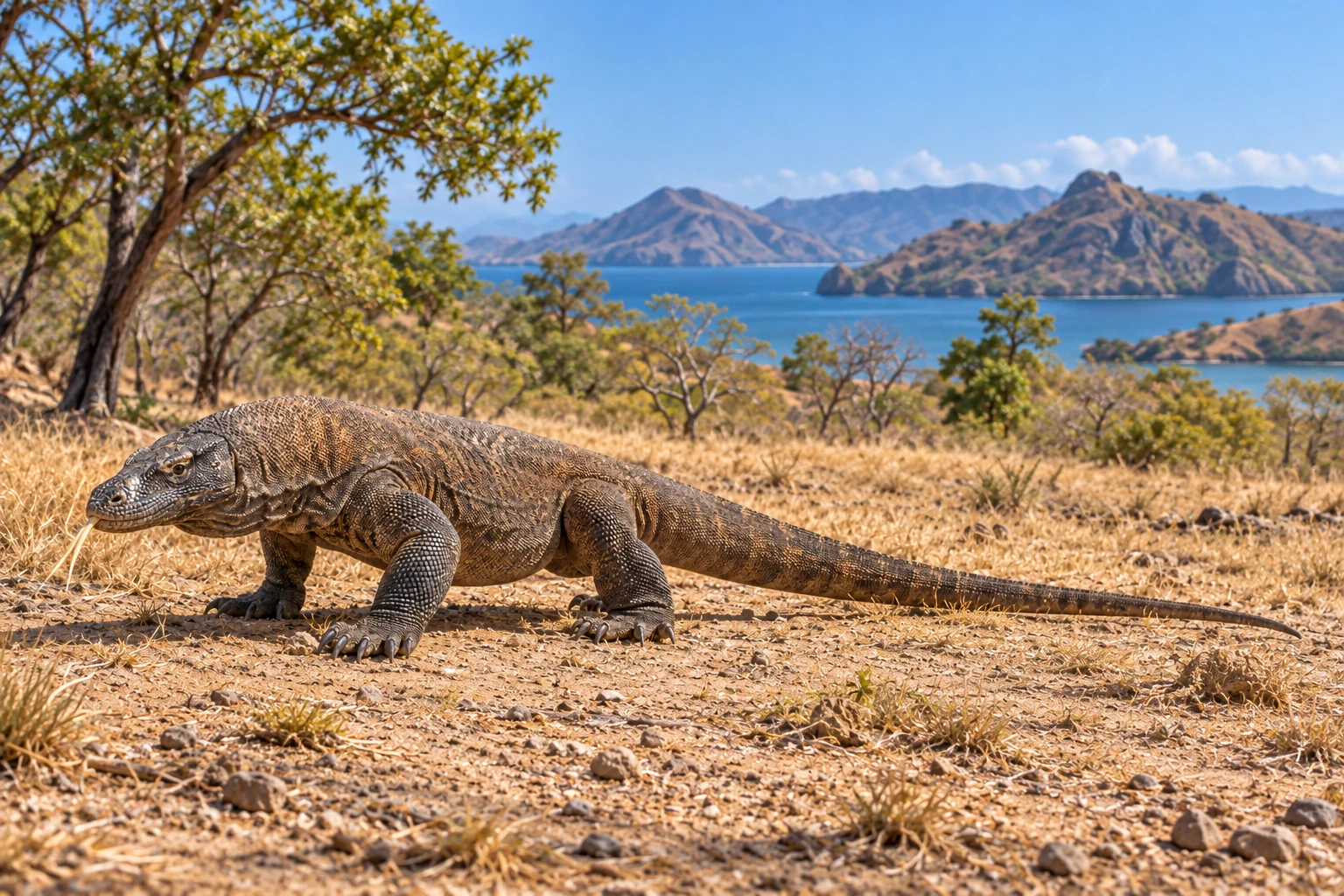 Fotorealistisch KI-generierter Komodowaran mit grau-brauner Schuppenhaut, vier kräftigen Beinen, gegabelter gelblicher Zunge und langem Schwanz auf trockenem Boden vor einer Savannenlandschaft.