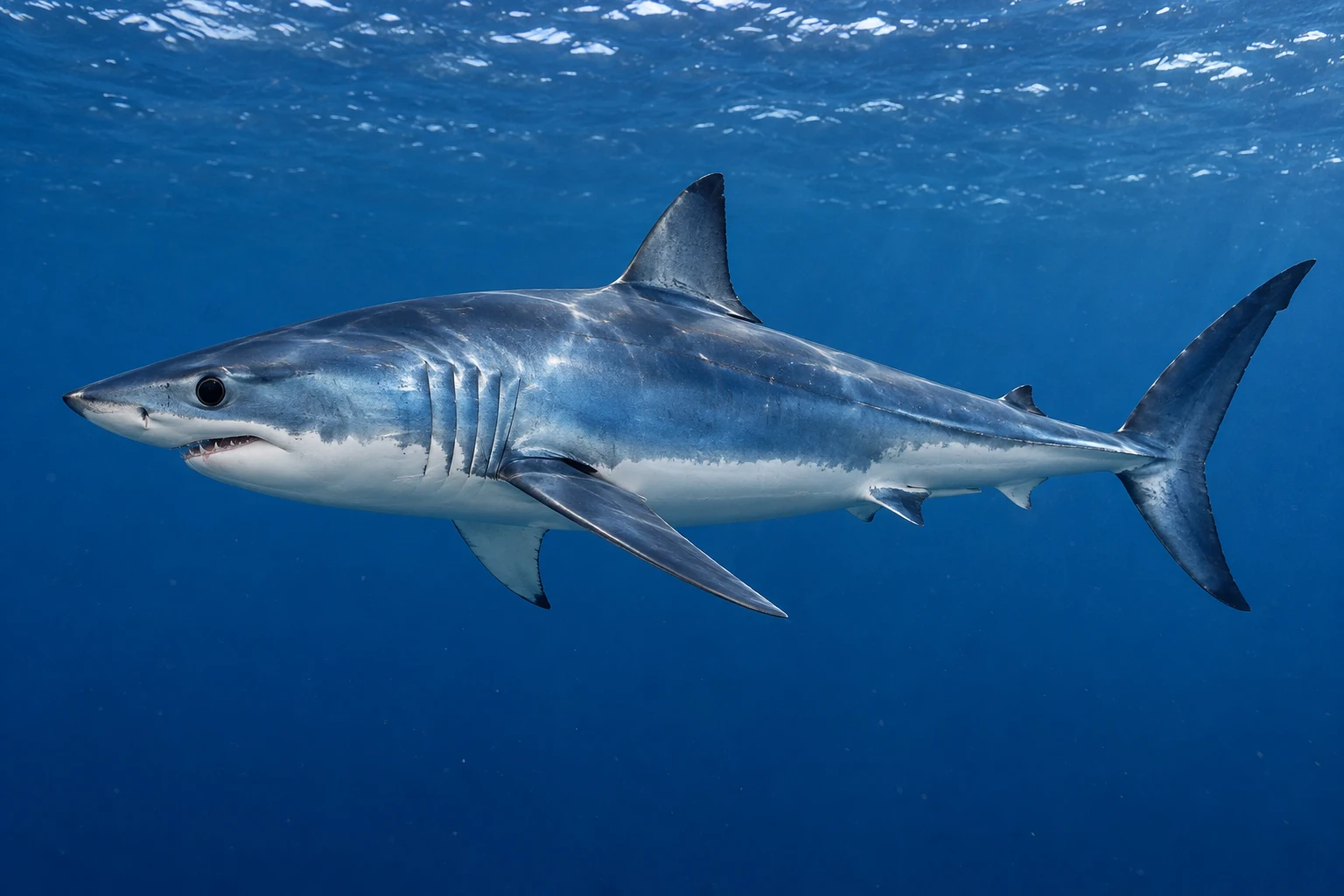 Fotorealistisch generierter Kurzflossen-Mako mit spitzer heller Schnauzenunterseite, blauem Rücken und sichelförmiger Schwanzflosse im freien Wasser; der ganze Körper ist sichtbar.