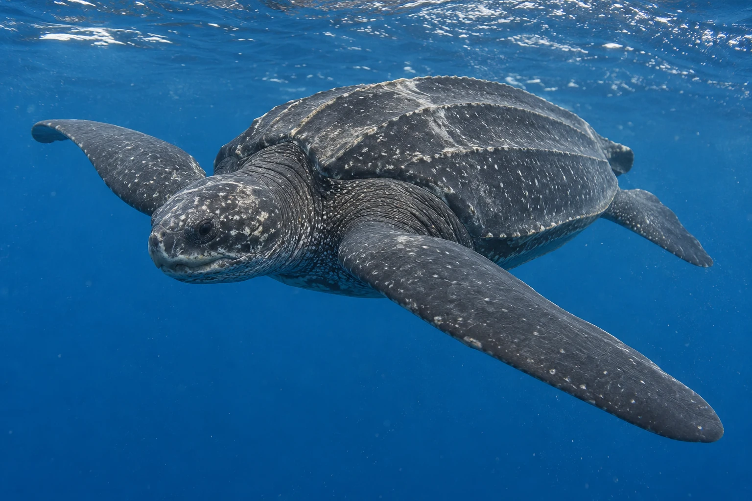Fotorealistisch generierte Lederschildkröte mit lederartiger, hell gesprenkelter Haut, langen Vorderflossen und Längsrippen am Rücken im offenen Meer.