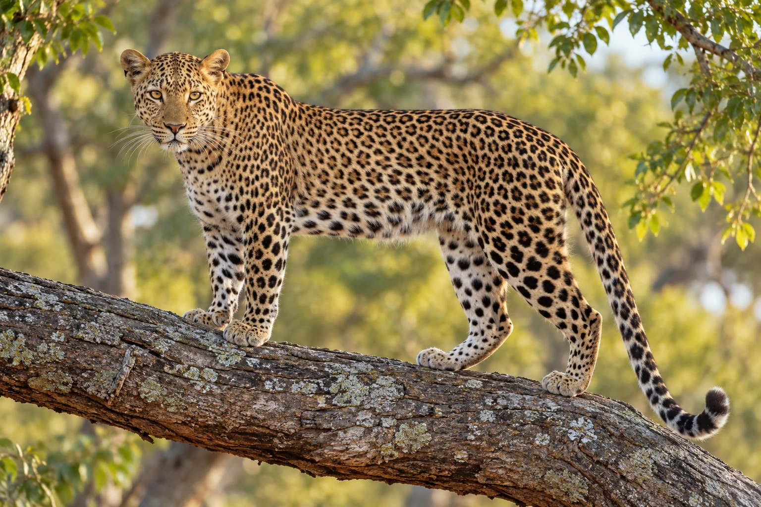 Fotorealistisch KI-generierter Leopard mit Rosettenfell, langem Schwanz und kräftigen Pfoten auf einem breiten Ast.