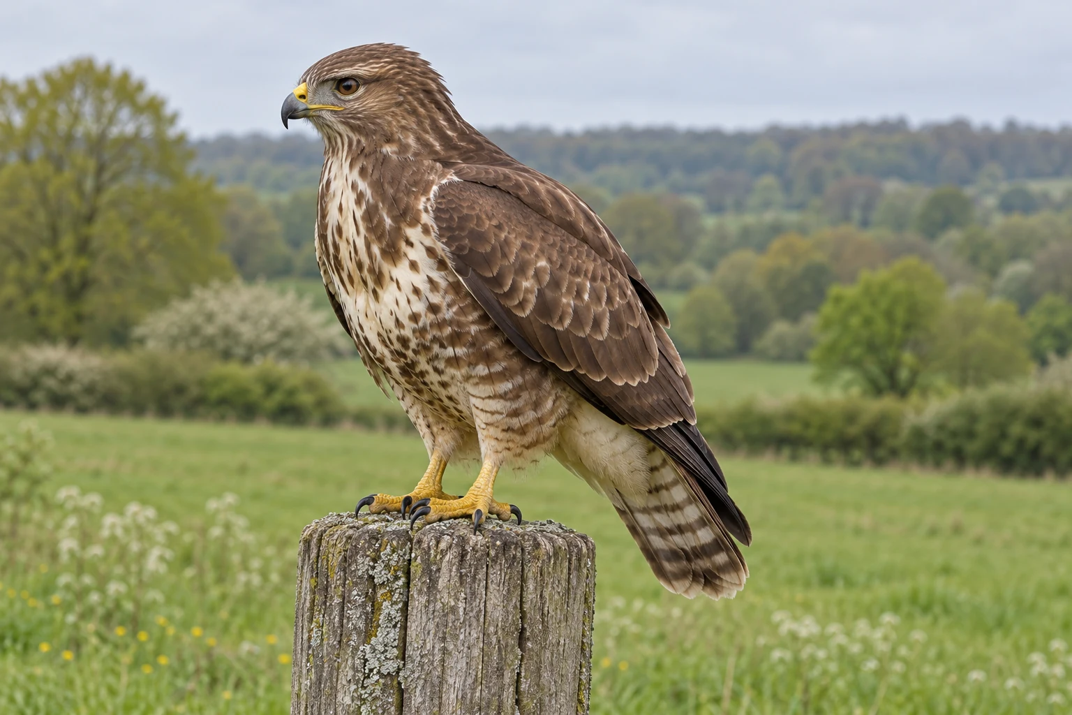Fotorealistisch KI-generierter brauner Mäusebussard mit heller Brustzeichnung und gelben Füßen auf einem Holzpfahl vor einer Wiese.