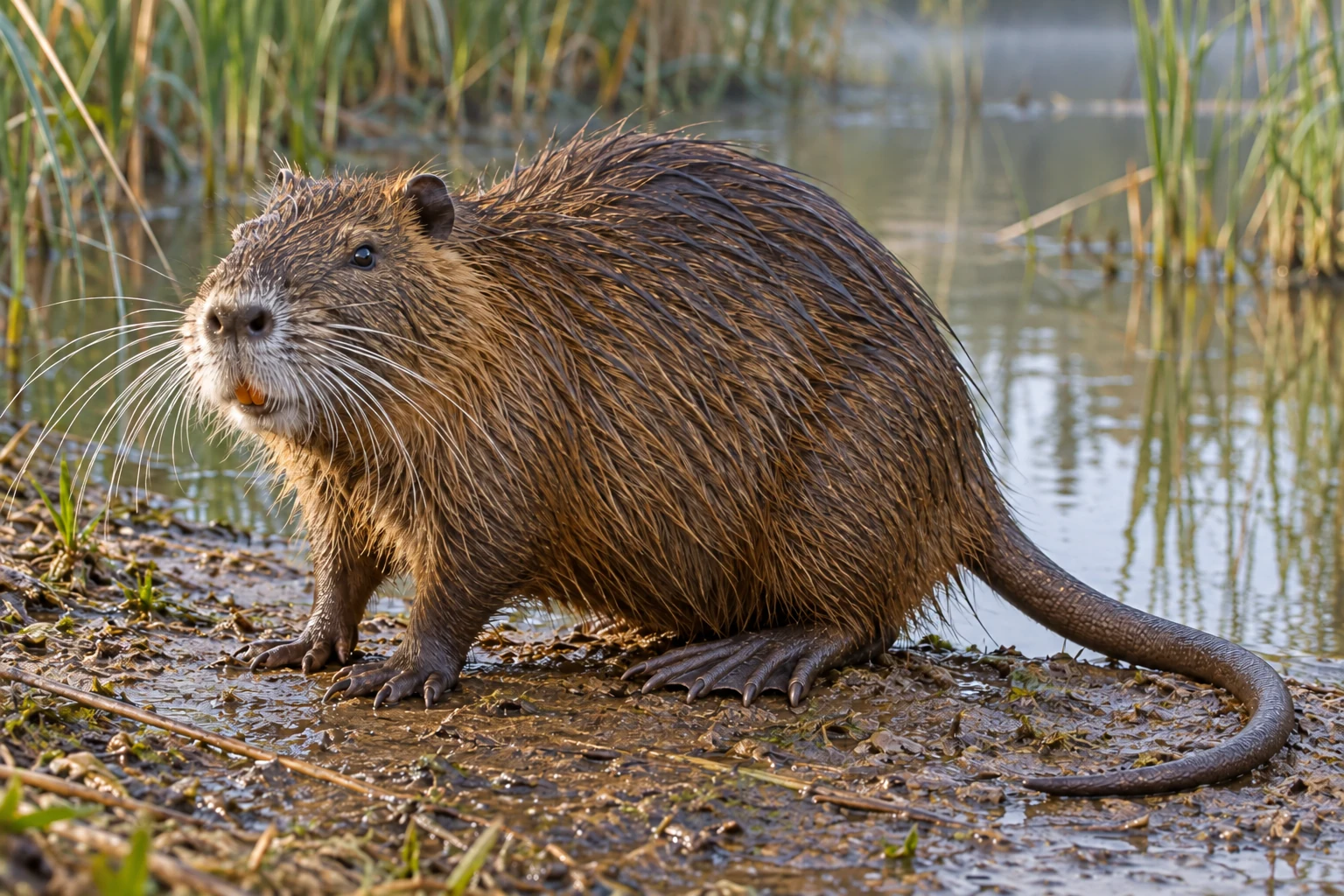 Fotorealistisch KI-generierte braune Nutria mit weißen Tasthaaren, orangefarbenen Schneidezähnen und langem rundem Schwanz an einem schilfbewachsenen Ufer.