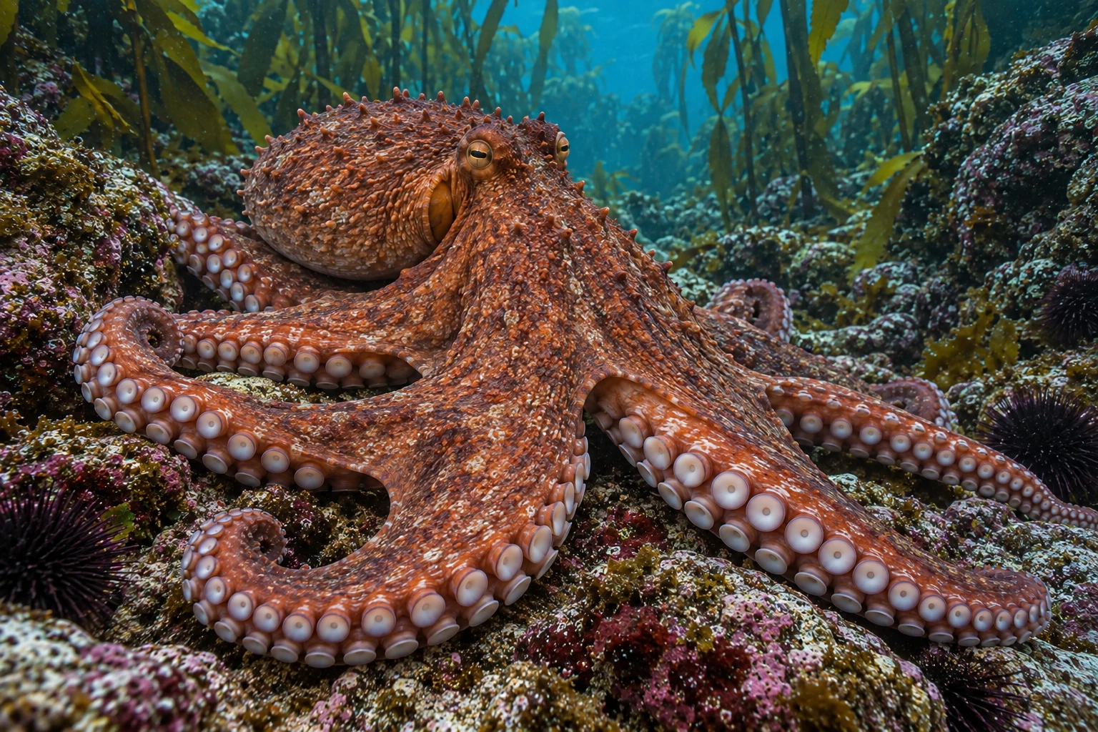 Fotorealistisch generierte rötliche Pazifische Riesenkrake mit Saugnäpfen an den Armen auf felsigem Meeresgrund im Kelpwald.