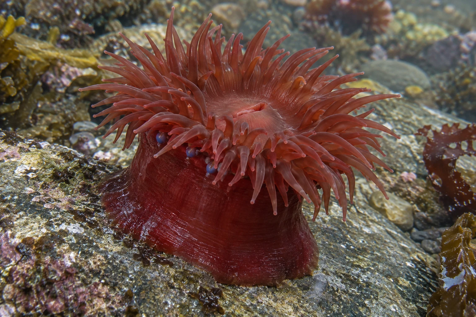 KI-Darstellung einer roten Pferdeaktinie mit geöffnetem Tentakelkranz und kleinen blauen Randknötchen auf einem Felsen unter Wasser.