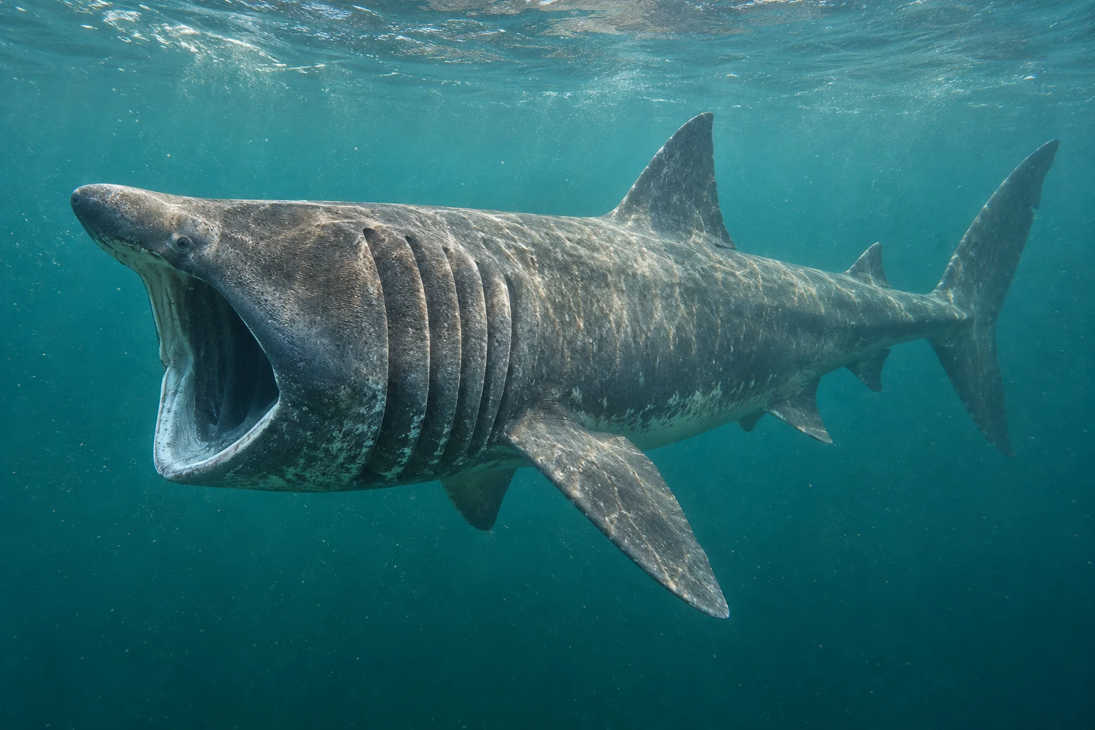 Fotorealistisch generierter Riesenhai mit offenem Maul und langen Kiemenspalten beim Schwimmen unter einer hellen Wasseroberfläche; der ganze Körper und die Schwanzflosse sind sichtbar.