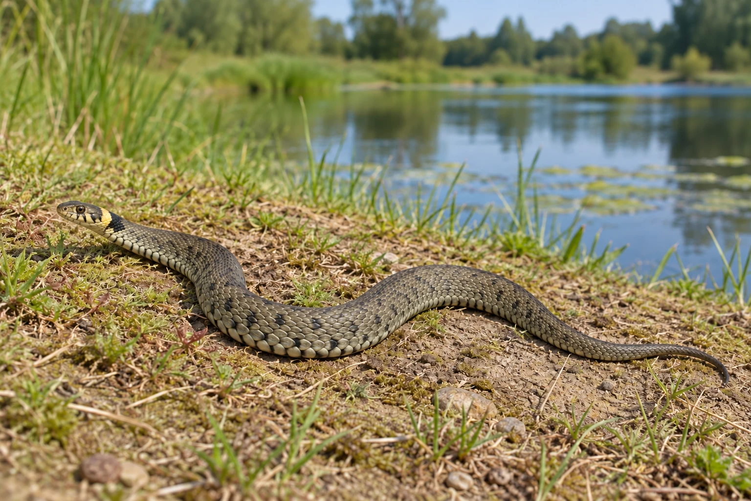 Fotorealistisch KI-generierte Ringelnatter mit hellen Nackenflecken und dunkler Begrenzung auf einem grasbewachsenen Uferboden.