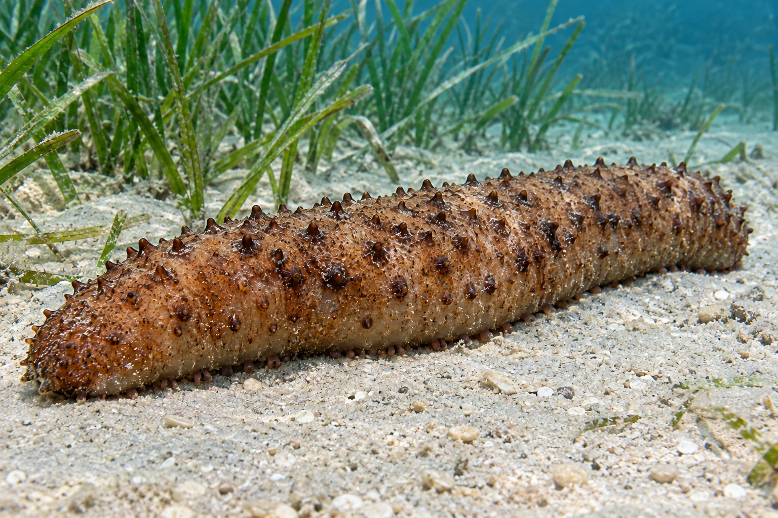 KI-Darstellung einer braunen Röhrenseegurke mit dunklen Papillen auf sandigem Mittelmeerboden neben Seegras.