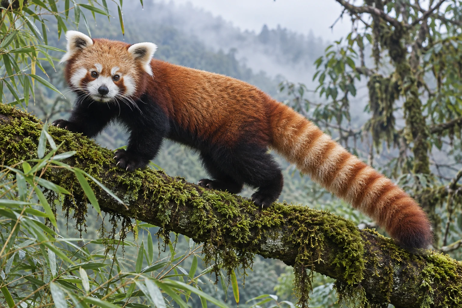 Fotorealistisch generierter Roter Panda mit weißer Gesichtszeichnung und geringeltem Schwanz auf einem bemoosten Ast.