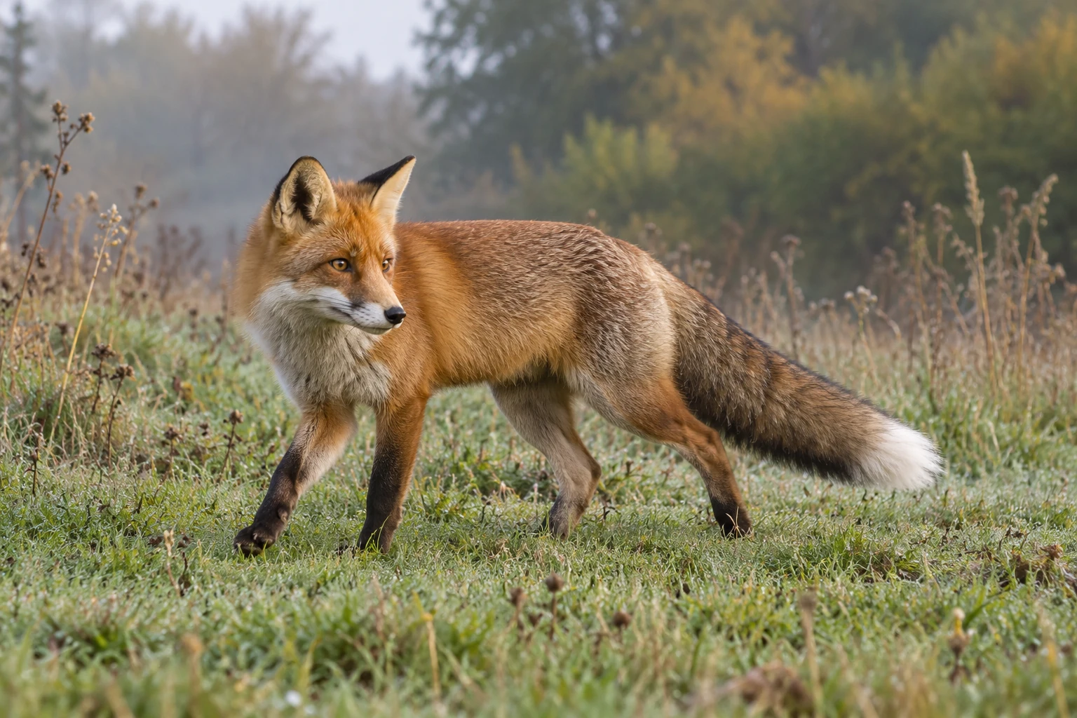 KI-Darstellung eines schlanken Rotfuchses mit aufrechten dreieckigen Ohren, dunklen unteren Beinen, heller Kehle und buschigem Schwanz mit weißer Spitze am Wiesenrand.