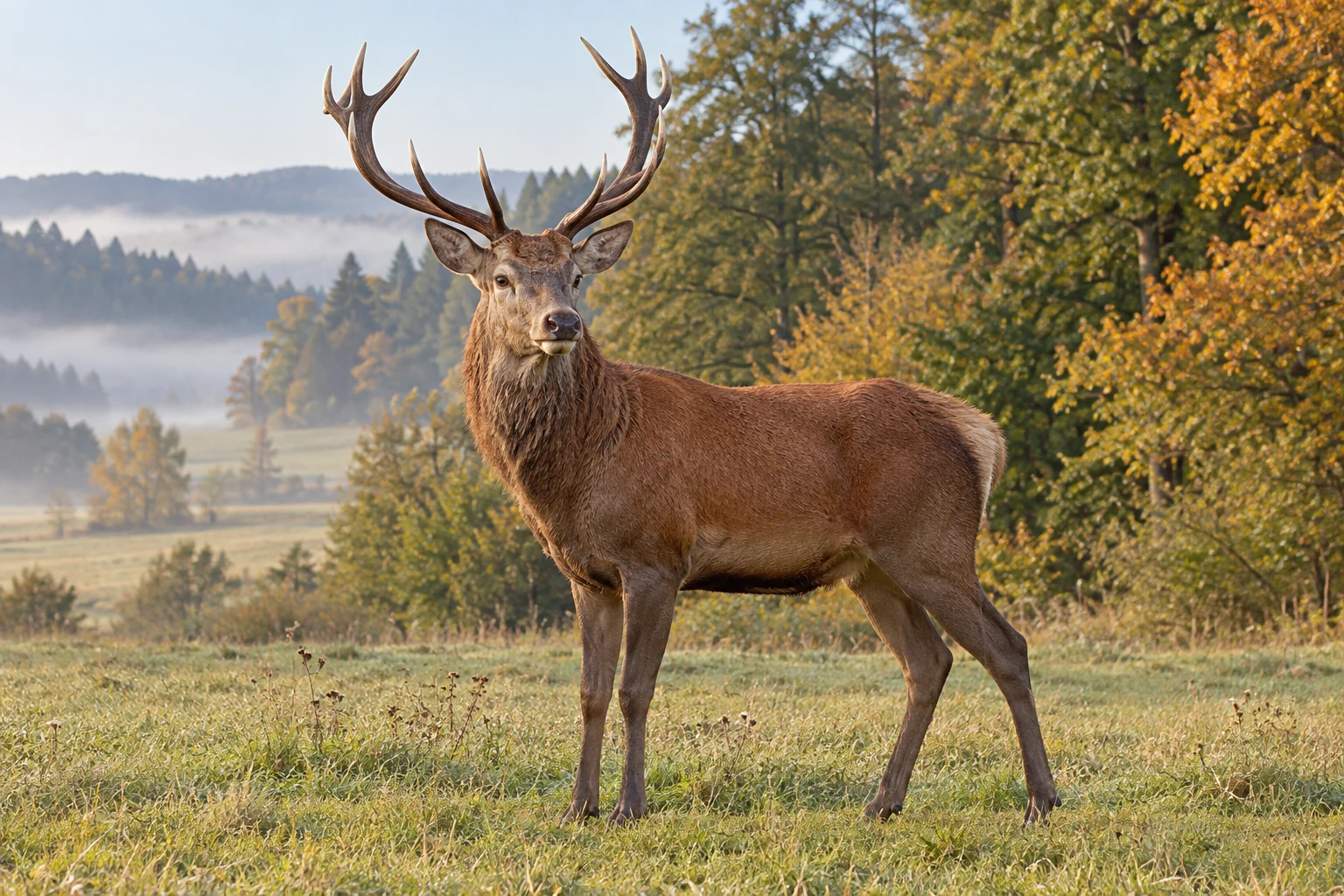 Fotorealistisch KI-generierter männlicher Rothirsch mit verzweigtem Geweih und kräftigem Hals auf einer offenen Wiese vor einem herbstlichen Waldrand.