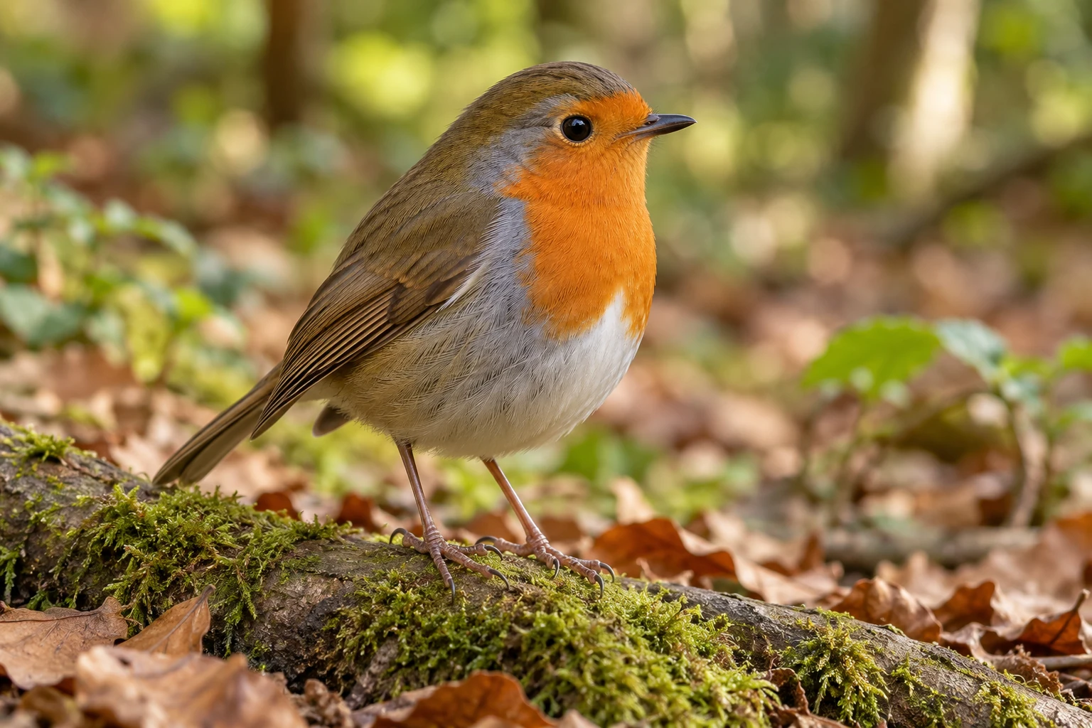 Fotorealistisch KI-generiertes erwachsenes Rotkehlchen mit orangefarbener Brust, braunem Rücken und hellem Bauch auf einer moosigen Wurzel.
