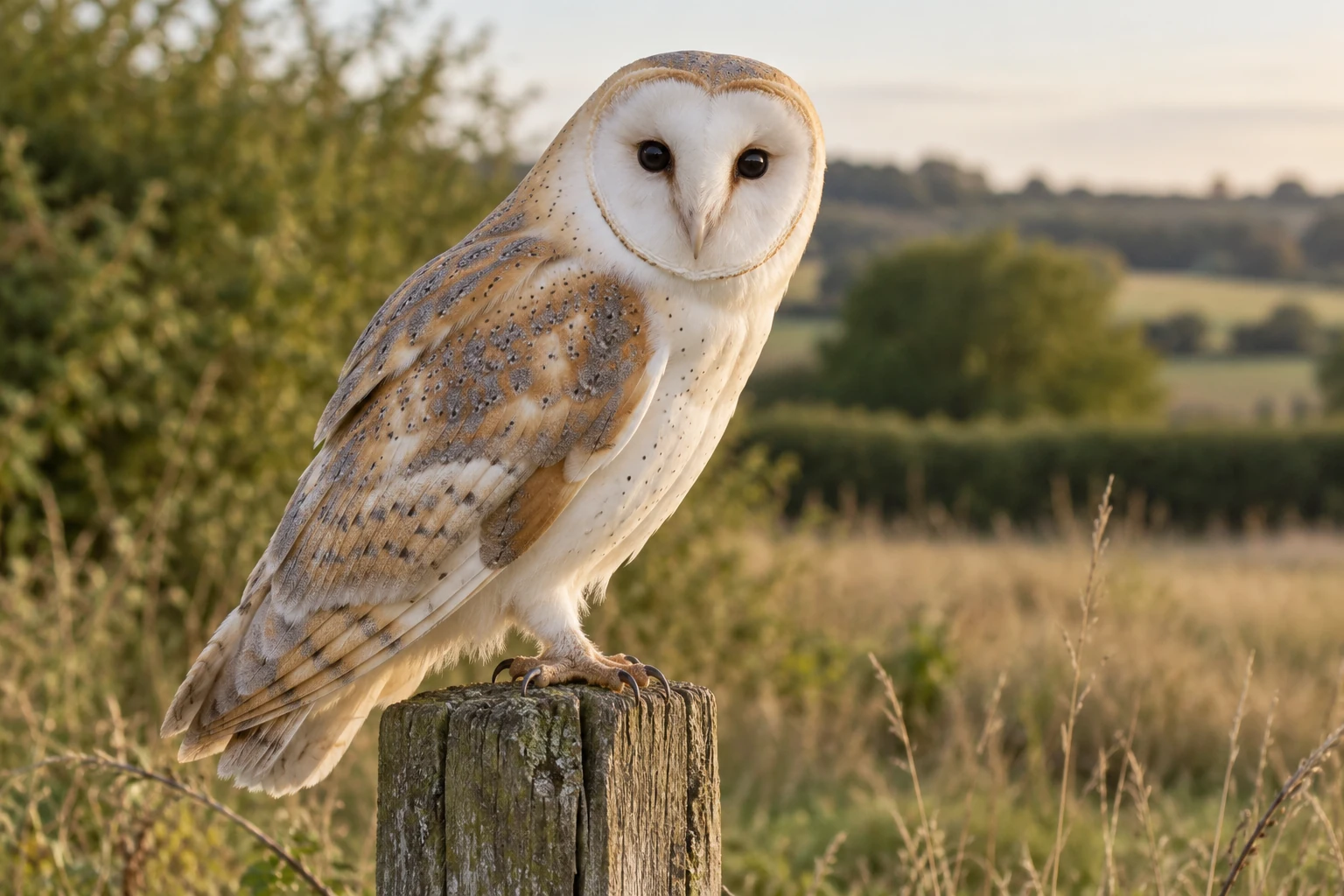 KI-Darstellung einer Schleiereule auf einem Holzpfosten mit weißem herzförmigem Gesicht, dunklen Augen und grau-beige gefleckten gefalteten Flügeln.
