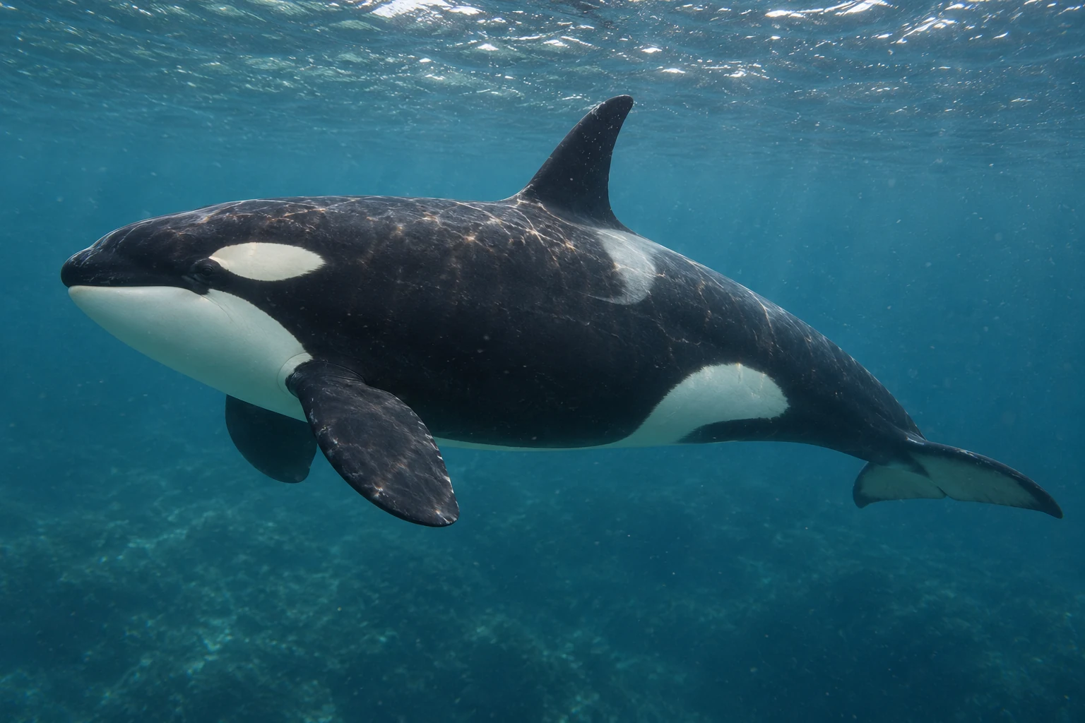 Fotorealistisch KI-generierter Schwertwal mit schwarz-weißer Zeichnung, Rückenflosse und waagerechter Schwanzfluke im blauen Meerwasser.