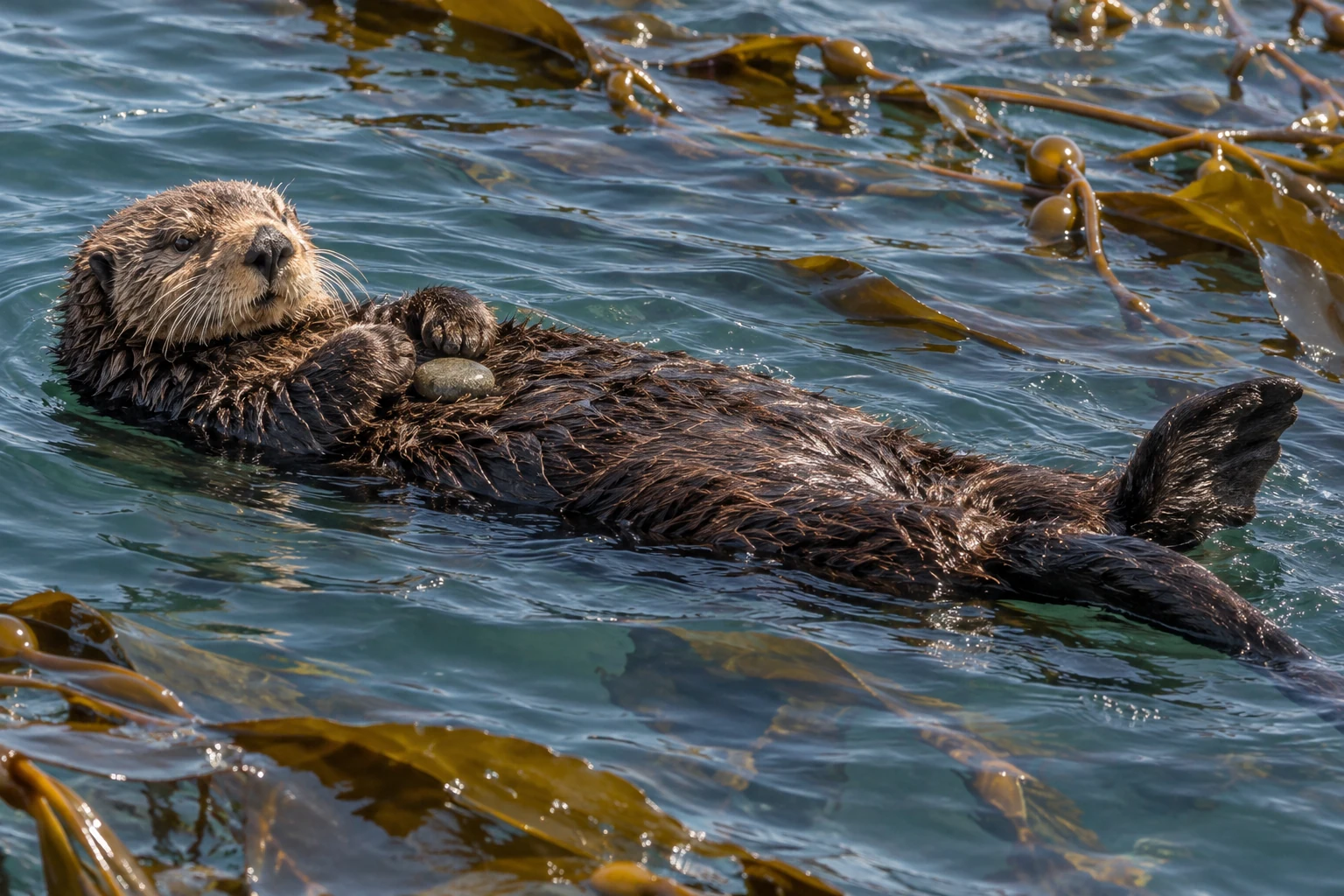 KI-Darstellung eines auf dem Rücken treibenden Seeotters mit kleinen Vorderpfoten, hellem Gesicht und einem Stein auf dem Bauch zwischen Kelpblättern.