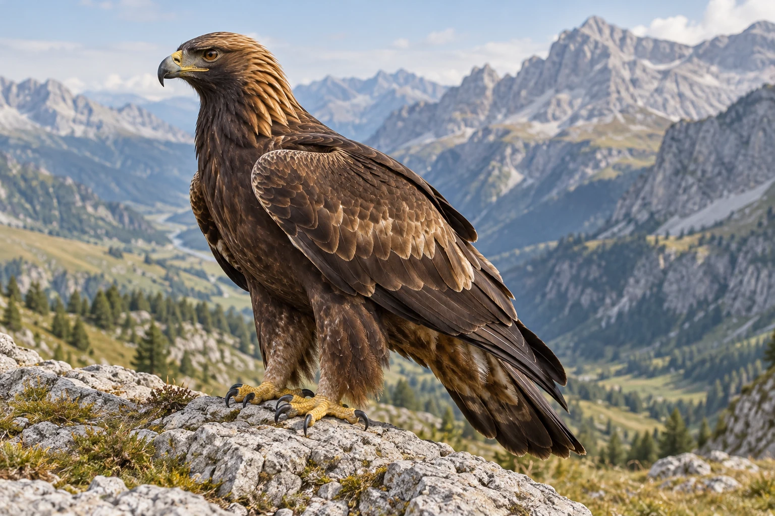 Fotorealistisch KI-generierter Steinadler mit dunklem Gefieder und goldbraunem Nacken auf einem Felsvorsprung vor einer alpinen Berglandschaft.