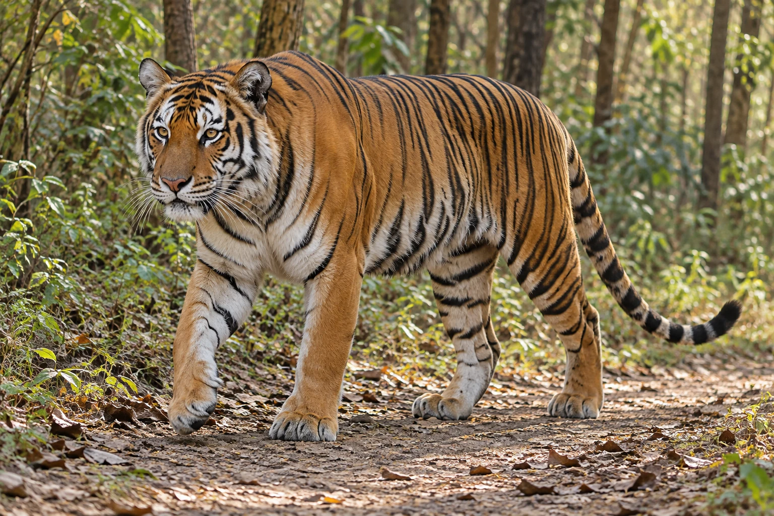 Fotorealistisch KI-generierter Tiger mit orangefarbenem Fell und schwarzen Streifen auf einem Waldpfad; ganzer Körper und Schwanz sichtbar.