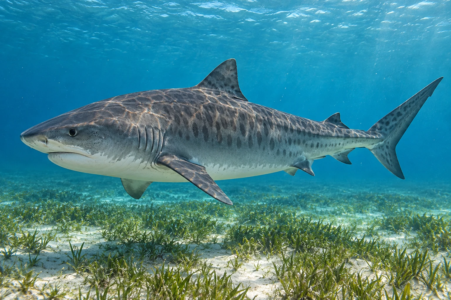 Fotorealistisch generierter Tigerhai mit breiter Schnauze, dunklen Flankenbändern und langem oberen Schwanzlappen beim Schwimmen über Seegras und Sand; der ganze Körper ist sichtbar.
