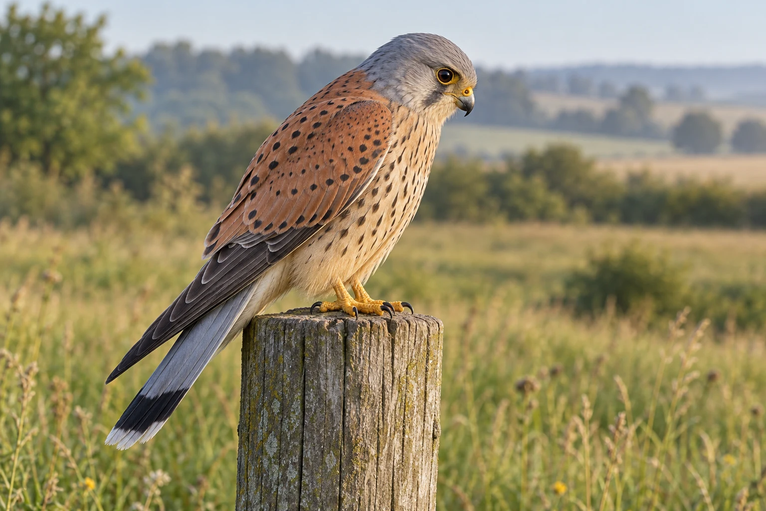 Fotorealistisch KI-generierter erwachsener männlicher Turmfalke mit grauem Kopf, schwarz geflecktem rotbraunem Rücken und grauem Schwanz mit schwarzer Endbinde auf einem Holzpfahl am Wiesenrand.