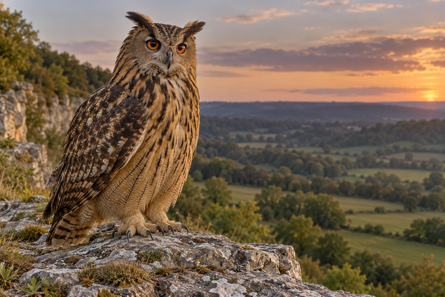 Fotorealistisch KI-generierter Uhu mit orangefarbenen Augen und Federohren auf einem Felsabsatz über einer gegliederten Landschaft.