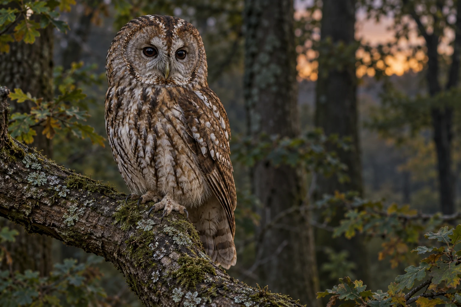 Fotorealistisch KI-generierter braungrauer Waldkauz mit rundem Kopf und dunklen Augen auf einem Ast in einem lichten Laubwald.