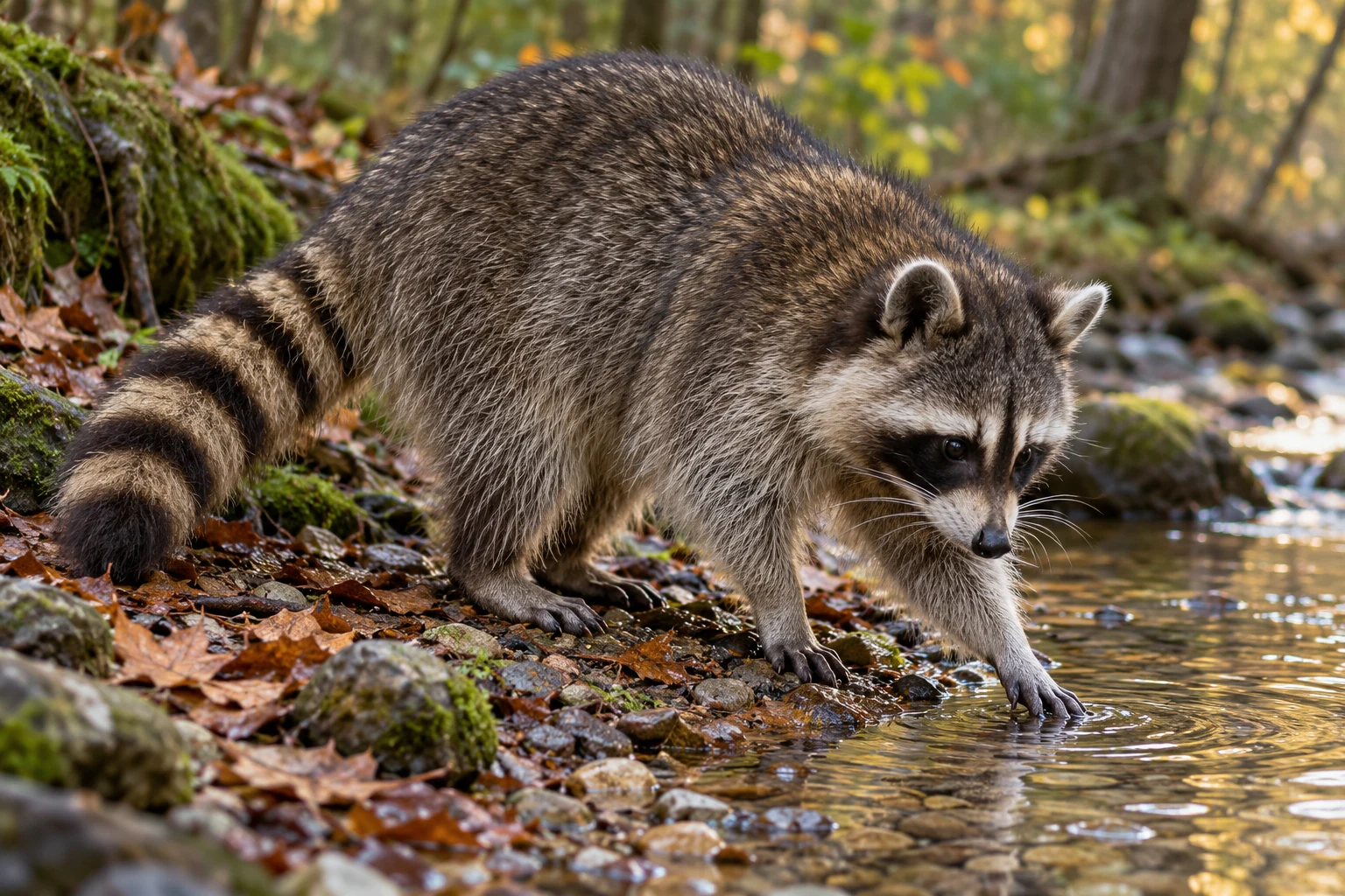 Fotorealistisch KI-generierter Waschbär mit dunkler Augenmaske, geringeltem Schwanz und schlanken Vorderzehen am Rand eines Waldbachs.
