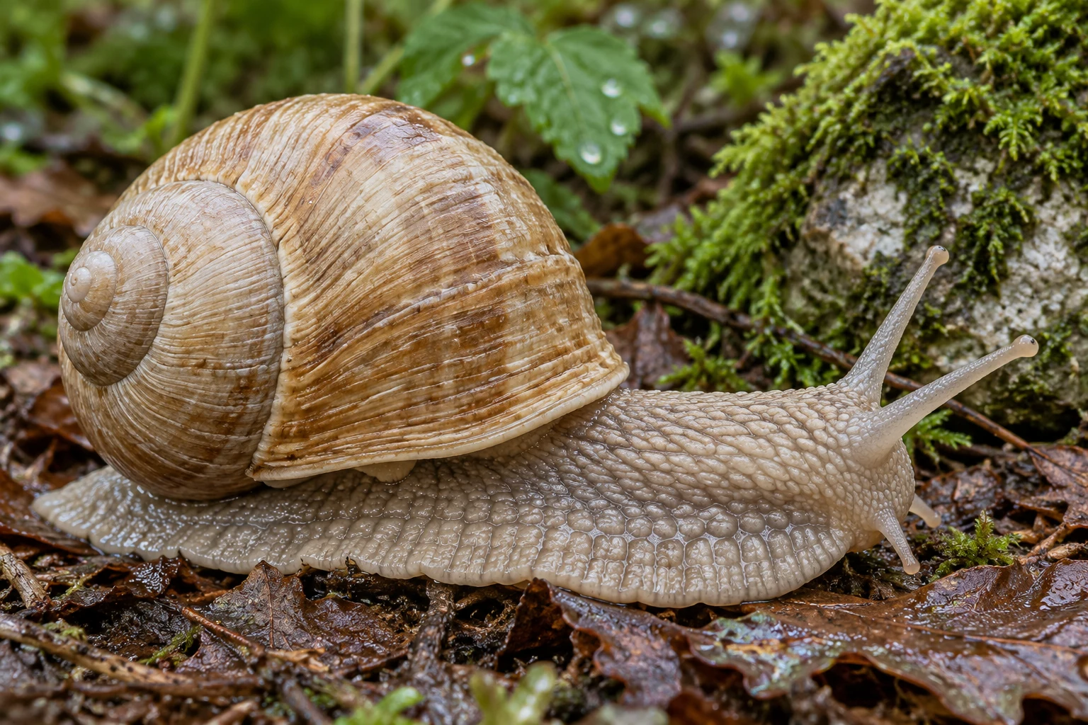 KI-Darstellung einer Weinbergschnecke mit hellem kugeligem Spiralgehäuse, graubeigem Fuß und ausgestreckten Fühlern auf feuchtem Laub.