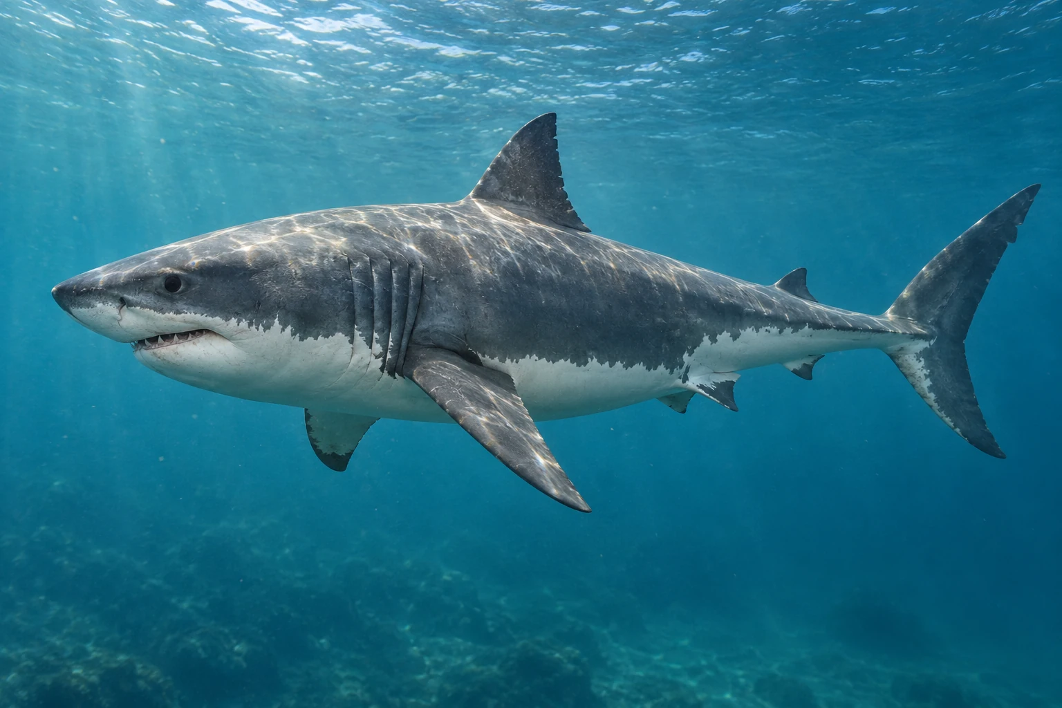 Fotorealistisch KI-generierter Weißer Hai mit grauer Oberseite und weißer Unterseite, vollständig mit Rücken-, Brust- und Schwanzflosse unter Wasser dargestellt.