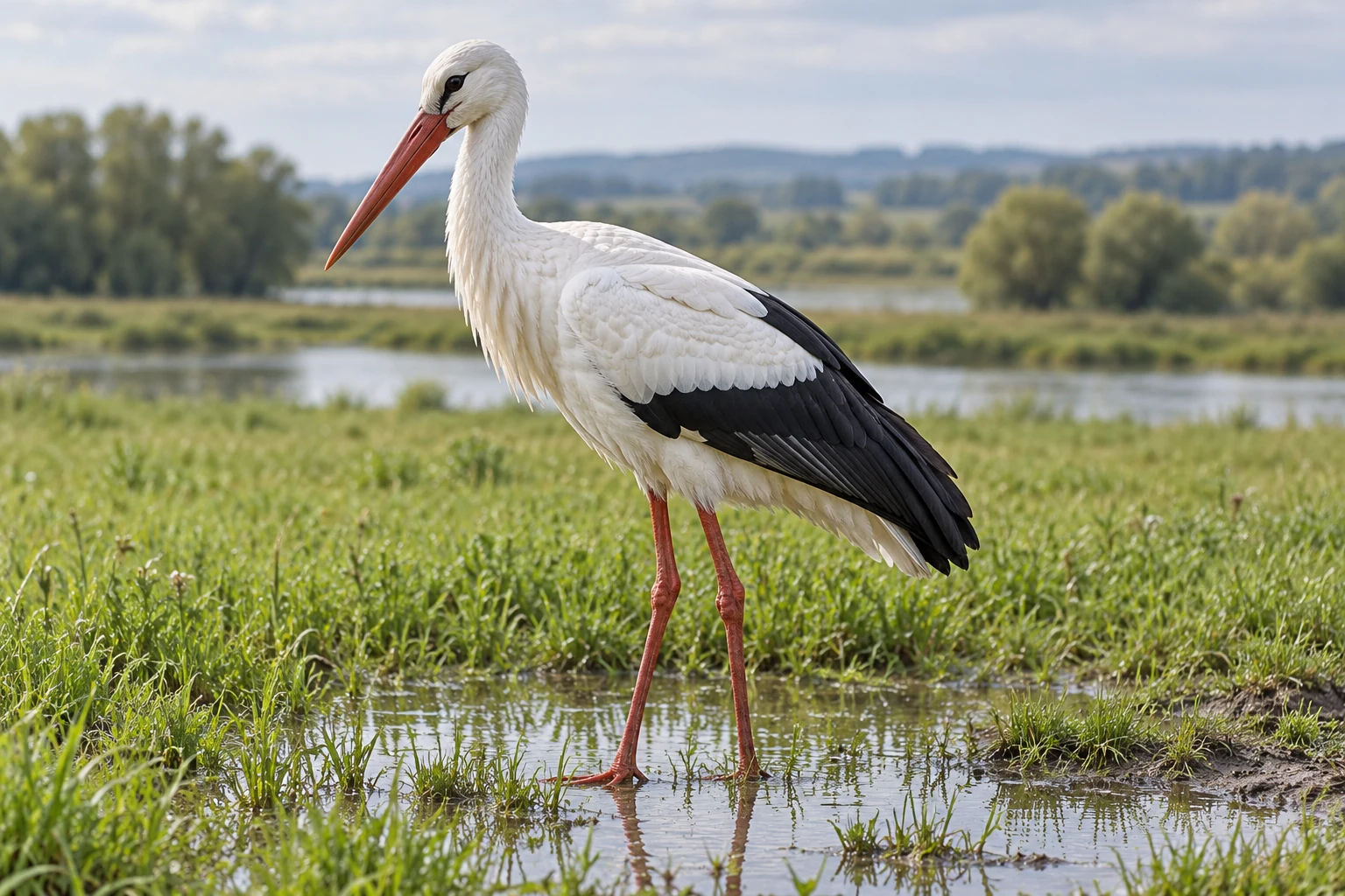 Fotorealistisch KI-generierter erwachsener Weißstorch mit langem roten Schnabel, weißen Körperfedern, schwarzen zusammengelegten Schwingen und roten Beinen in einer flachen Wasserstelle einer grünen Feuchtwiese.