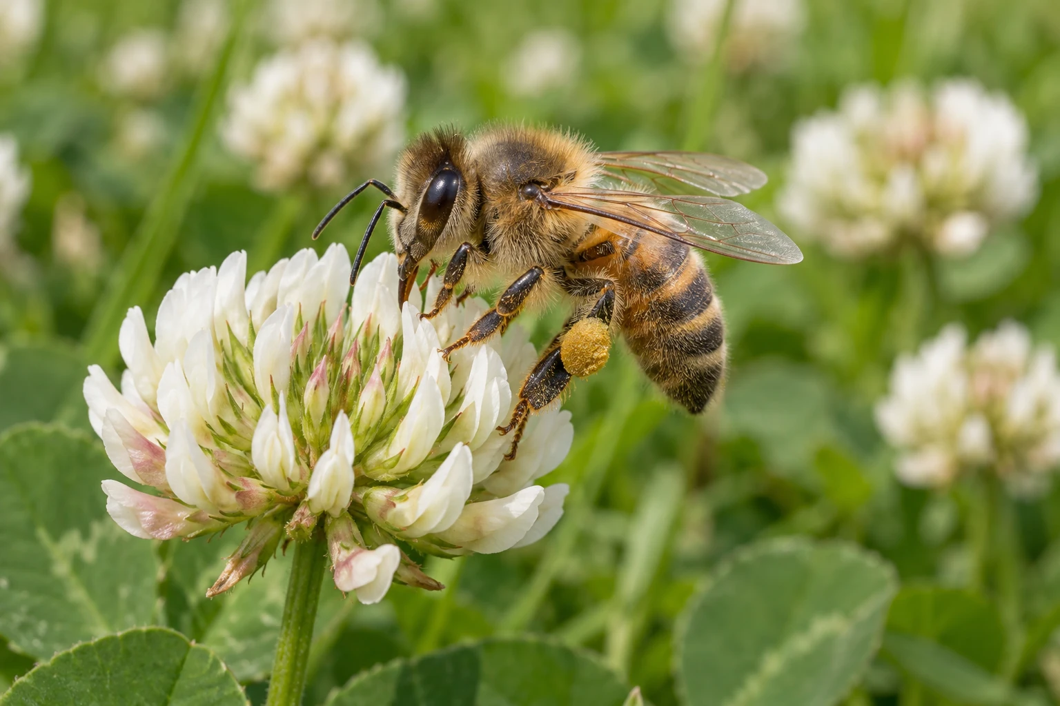 Fotorealistisch generierte behaarte Honigbienen-Arbeiterin mit Pollen an den Hinterbeinen auf einer weißen Kleeblüte.