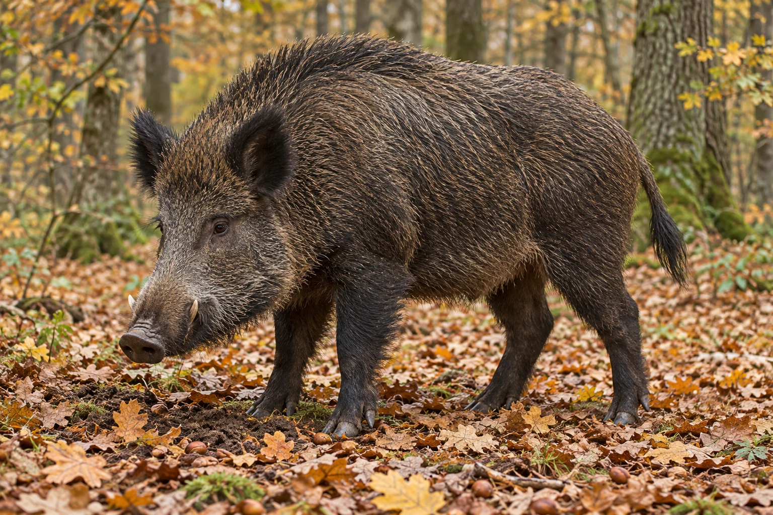 Fotorealistisch KI-generiertes erwachsenes Wildschwein mit dunklen Borsten und langem Rüssel auf einem herbstlichen Waldboden.