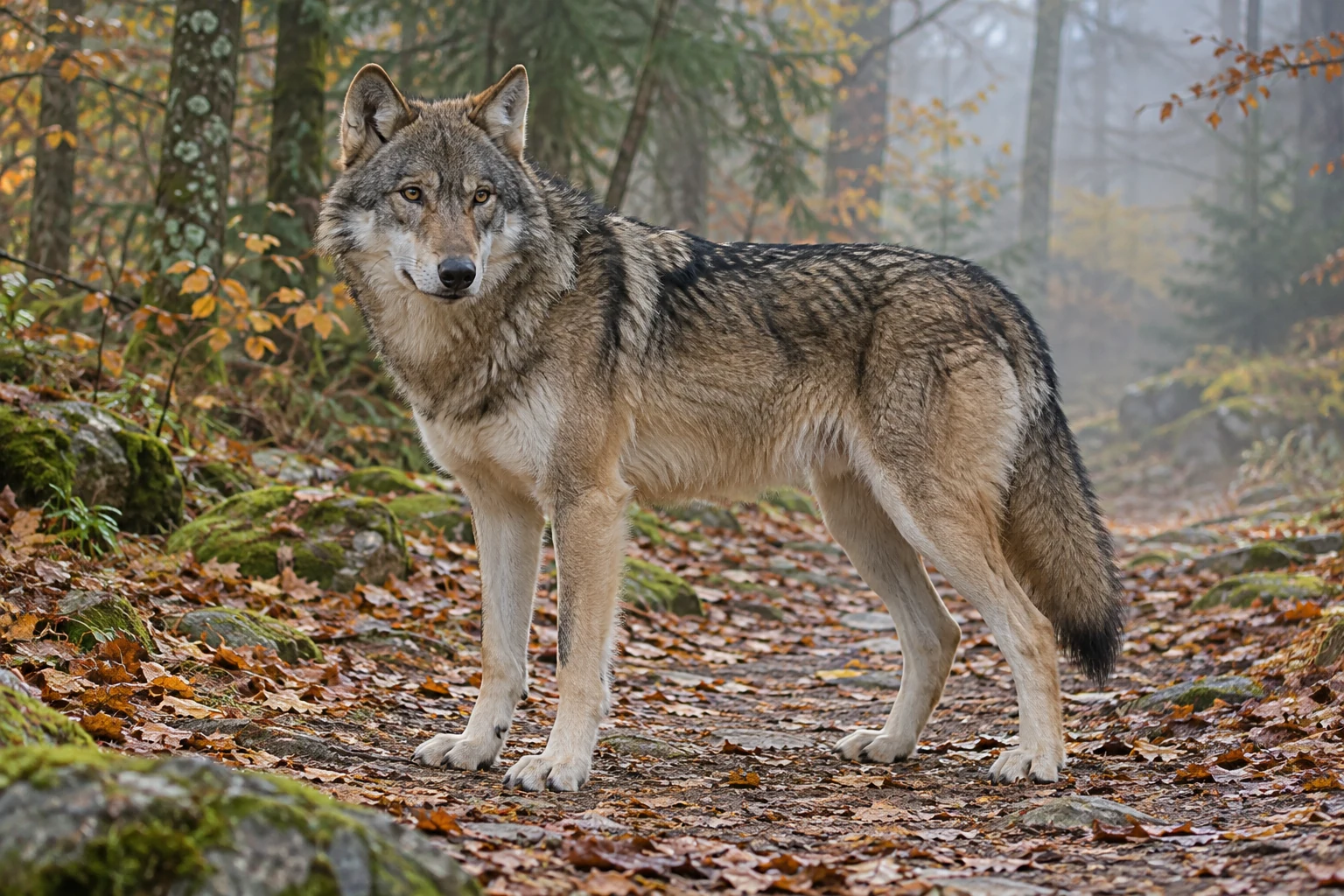 Fotorealistisch KI-generierter europäischer Grauwolf mit graubraunem Fell, aufgerichteten Ohren und herabhängendem buschigem Schwanz an einem Waldrand.