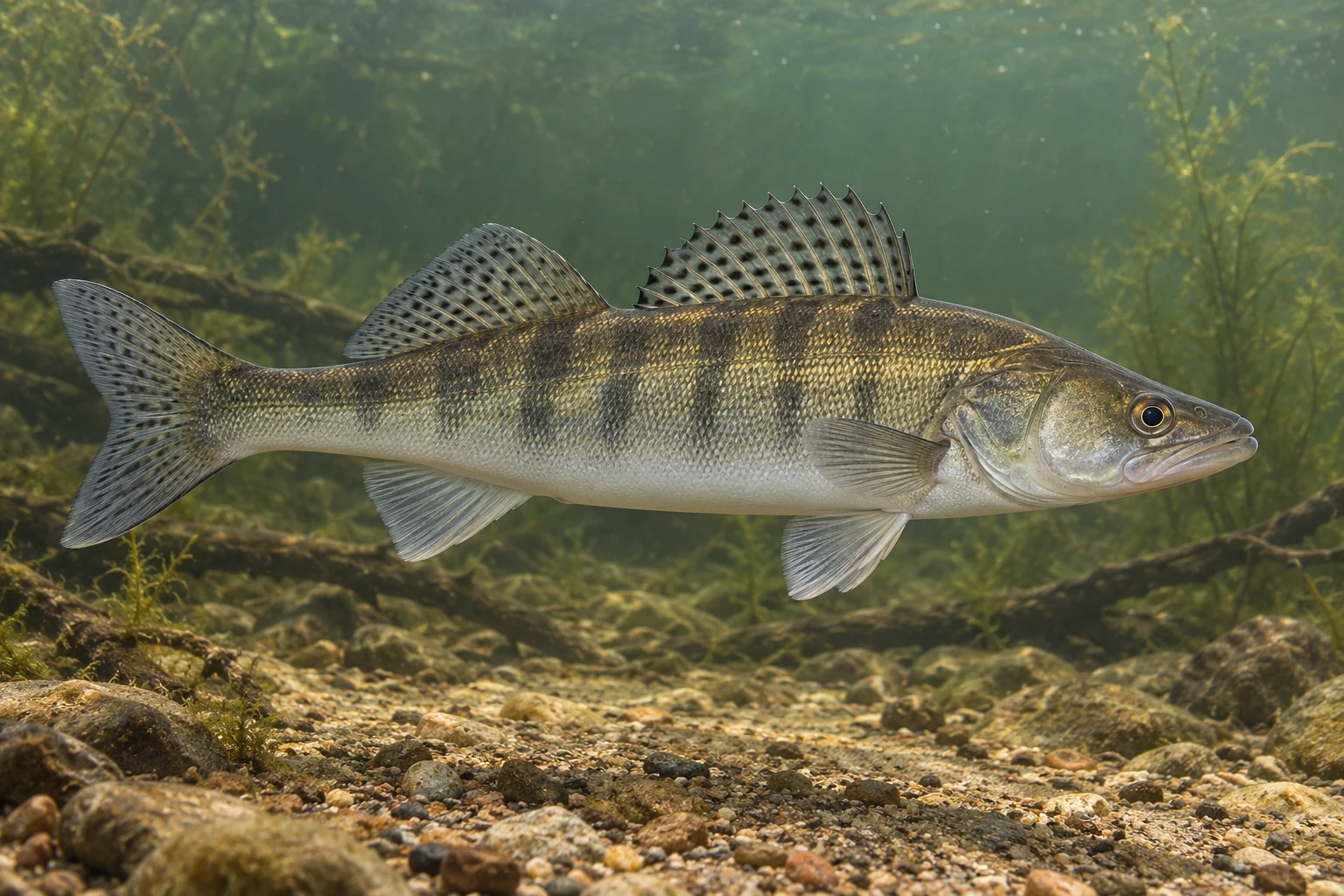Fotorealistisch KI-generierter Zander mit zwei getrennten Rückenflossen, silbrig-oliven Flanken und dunklen Fleckenreihen auf den Flossen über einem sandig-kiesigen Gewässergrund.