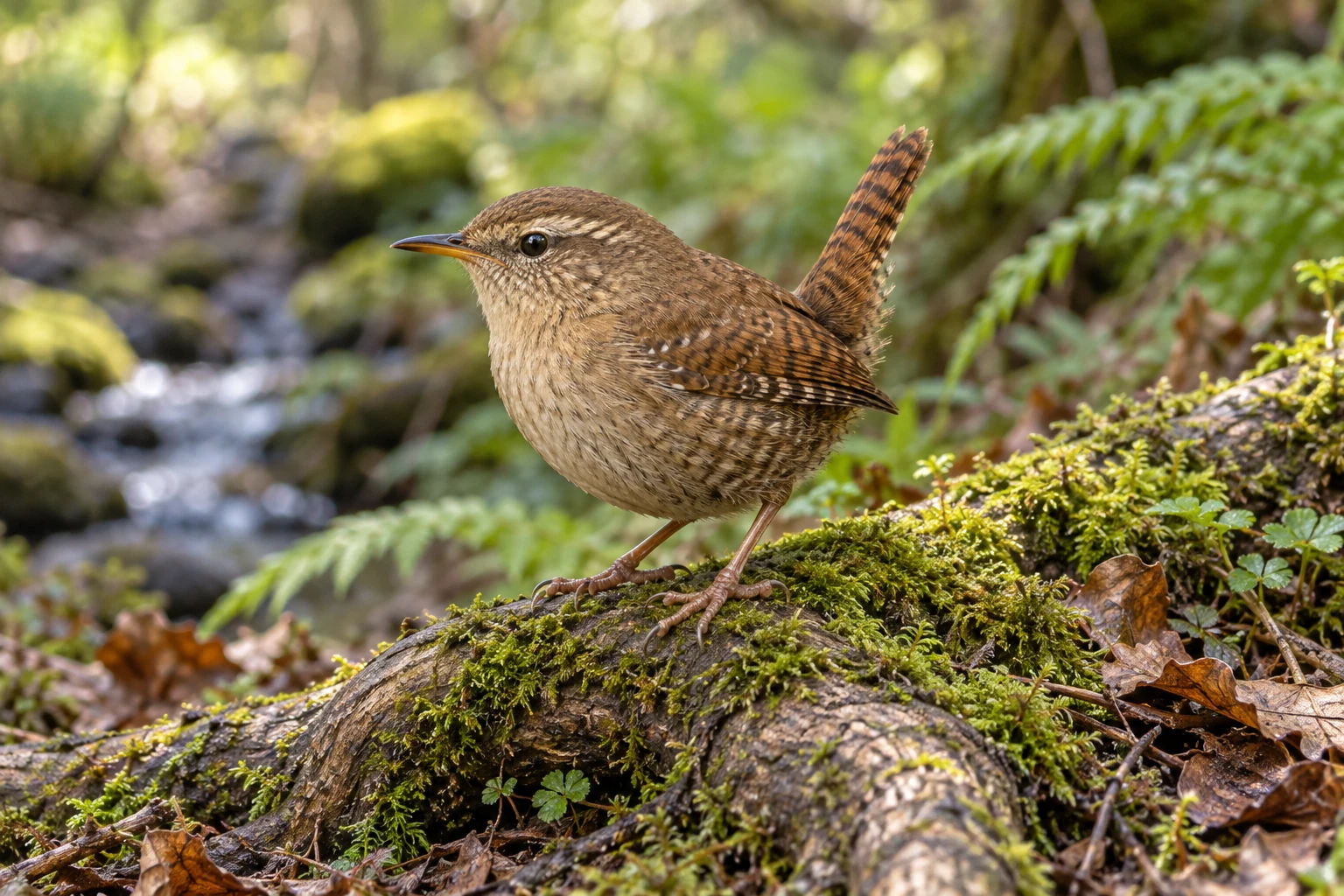 Fotorealistisch KI-generierter brauner Zaunkönig mit aufgerichtetem, dunkel gebändertem Schwanz und hellem Überaugenstreif auf einer bemoosten Wurzel im Wald.