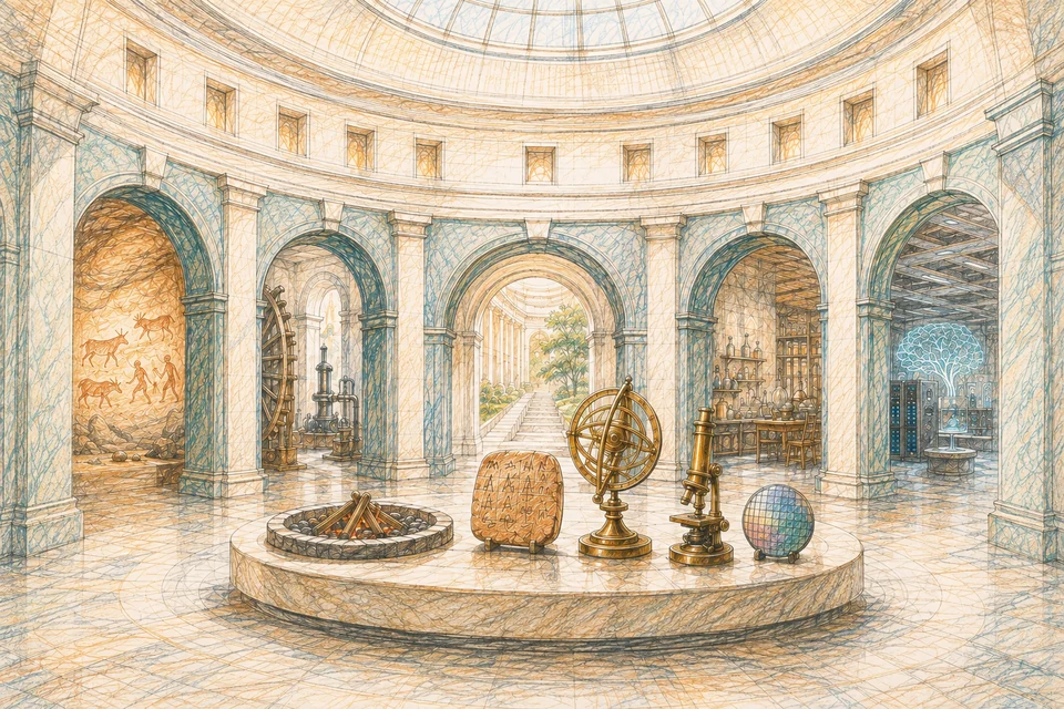 Bildfüllende Buntstiftskizze einer hellen Museumshalle mit offenen Torbögen und symbolischen Gegenständen von der Feuerstelle bis zum Mikrochip.