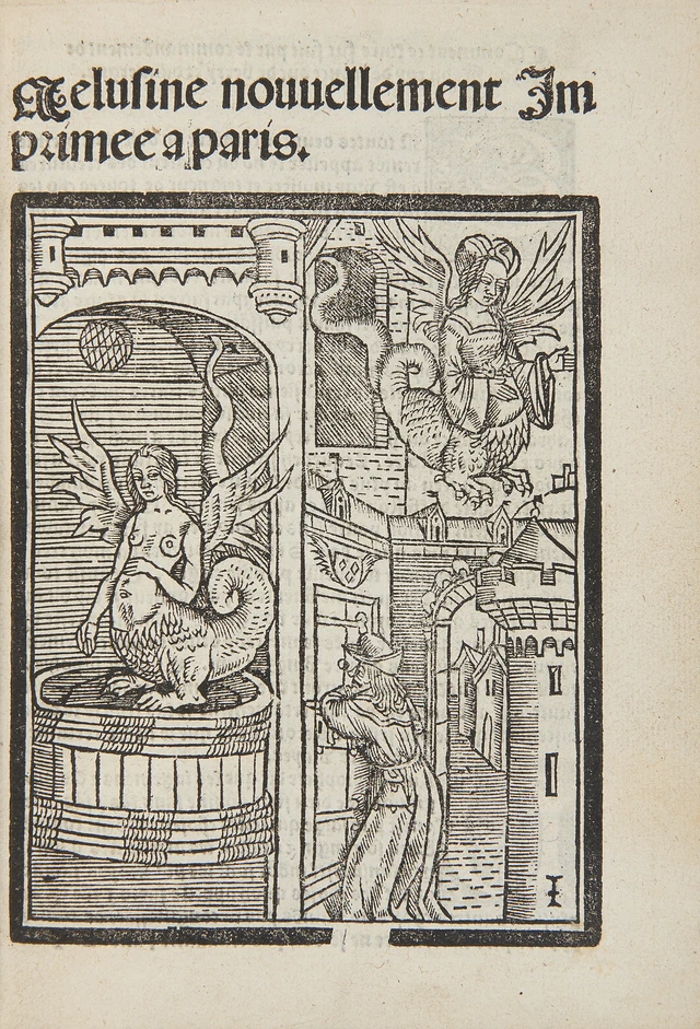 Historisches Titelblatt: links eine geflügelte Frau mit schuppigem Unterkörper in einer Wanne, rechts eine zweite geflügelte Gestalt vor einer Burg; darunter ein Mann an einer Tür.