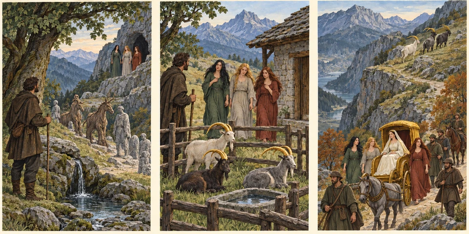 Dreiteilige Illustration: Mujo an einer Bergquelle vor steinernen Menschen und hölzernen Pferdeformen; drei Ziegen mit goldenen Hörnern im Gehege vor drei Frauen; befreite Ziegen über einer Braut in goldener Kutsche mit lebendigen Begleitern.