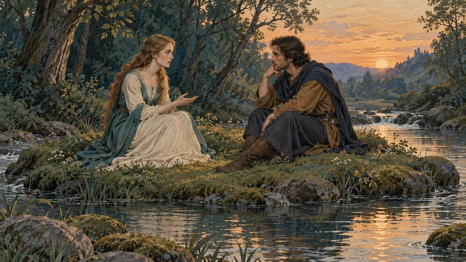 Eine Frau in einem hellen Kleid sitzt einem zuhörenden Mann auf einer kleinen grasbewachsenen Insel gegenüber. Ein sanfter Bach umfließt das Ufer.