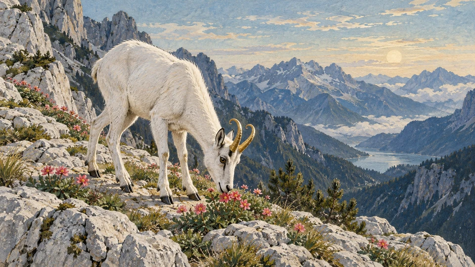 Ein weißes gamsartiges Tier mit zwei kurzen goldenen, an den Spitzen gebogenen Hörnern senkt das Maul zu rosa-roten Blumen zwischen hellen Bergfelsen.