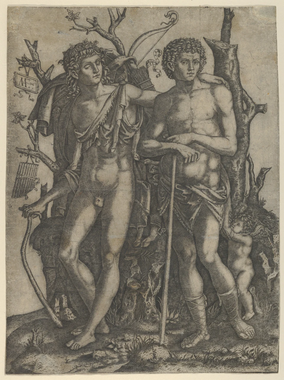 Kupferstich: Links steht Apollon mit Kranz, Bogen, Köcher und Saiteninstrument. Seine Hand ruht auf der Schulter der rechten Figur. Unten rechts steht ein geflügelter Amor.