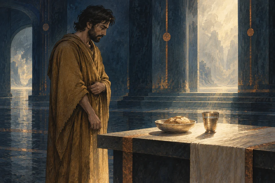 Ein dunkelhaariger, bärtiger Mann im ockerfarbenen Gewand steht mit gesenktem Blick vor Brot und einem Wasserbecher. Seine Hände bleiben vom Tisch entfernt. Helles Licht fällt in die dunkle Halle.