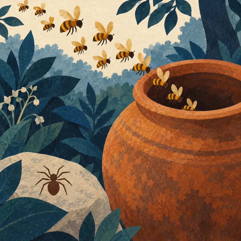 Eine kleine braune Spinne mit acht Beinen sitzt links auf einem hellen Stein. Rechts steht ein großes offenes Tongefäß, in das eine Reihe goldgelber Bienen hineinfliegt. Dunkelblaue Blätter rahmen die Szene.