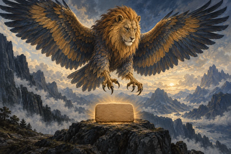 Ein riesiger Vogel mit Löwenkopf und zwei ausgebreiteten Flügeln schwebt über einer unbeschrifteten Tontafel auf einem Felsen. Zwei Vogelkrallen hängen vor einer nebligen Berglandschaft; warmes Licht umgibt die kleine Tafel.