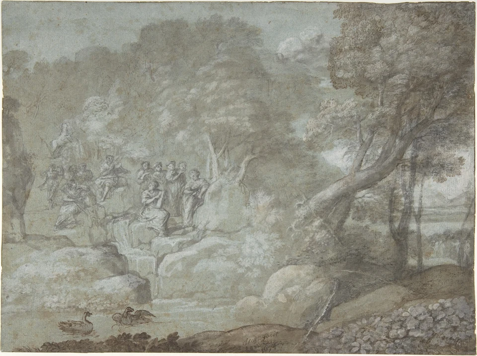 Blasse historische Landschaftszeichnung: eine kleine Gruppe um Apollon und die Musen steht links an einer Quelle, rechts nimmt ein schräger Baum den Bildraum ein.