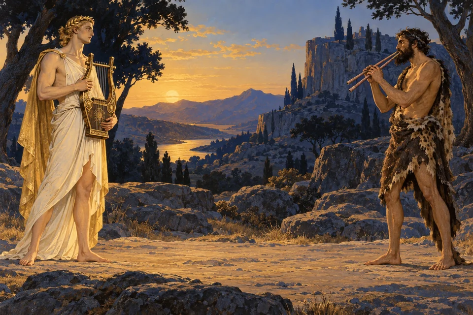 Zwei erwachsene Musiker stehen sich in einer felsigen Landschaft gegenüber: links Apollon mit Kithara, rechts Marsyas mit zwei Blasrohren; der Wettstreit steht noch bevor.
